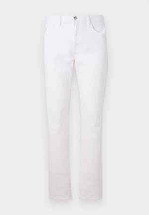 Hvite denimbukser med rett ben-design, med to frontlommer, en baklomme, og metallknapplukking i livet.
