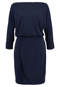 Námořnické modré šaty s volným výstřihem bez ramínek, tříčtvrtečními rukávy a elastickým pasem, vyrobené z hladké, měkké látky.