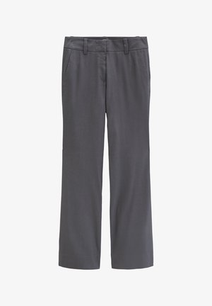 Dunkelgraue gerade geschnittene Hose mit Gürtelschlaufen, vorderen Taschen und verdecktem Frontverschluss.