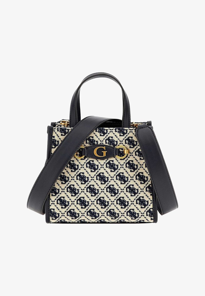 Petit sac à main rectangulaire en tissu à motif noir et beige, poignées et bandoulière en cuir noir, avec détail logo doré "G" à l’avant.