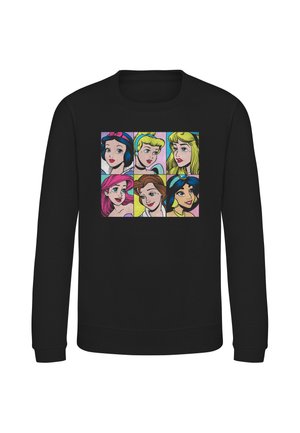 Felpa nera con ritratti pop art colorati di sei personaggi femminili animati con vari colori e stili di capelli disposti su due file.