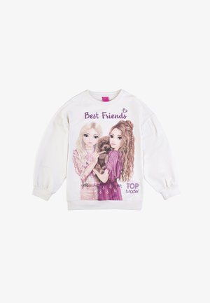 White sweatshirt featuring two illustrated girls holding a brown dog, with "Best Friends" and "TOP Model" text in purple. Soft fabric, balloon sleeves.