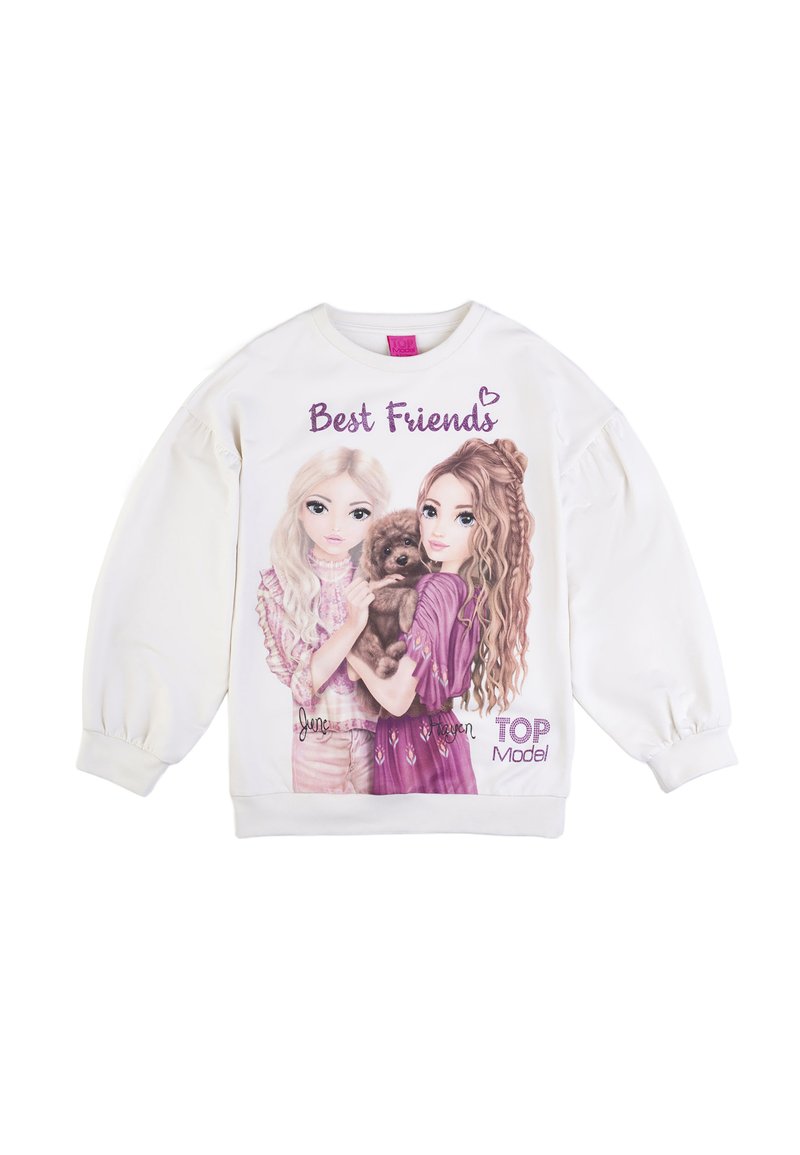 Felpa bianca con due ragazze illustrate che abbracciano un cane marrone, con il testo "Migliori Amiche" e "TOP Model" in viola. Tessuto morbido, maniche a palloncino.