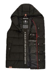 Black padded vest with a hood, featuring a quilted design, red accents, snap buttons, and branded interior labels.