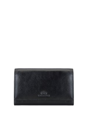 Czarny skórzany portfel z potrójnym składaniem i tłoczonym logo na środku przodu, sfotografowany na białym tle.