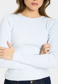 Ljusblå ribbade långärmade tröja med rund halslinning, med figurnära armar och mjuk textur. Passar bra ihop med mörka jeans.