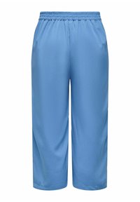Pantalon court bleu clair à coupe décontractée, doté d'une taille élastique et d'une texture lisse. Design simple sans motifs supplémentaires.