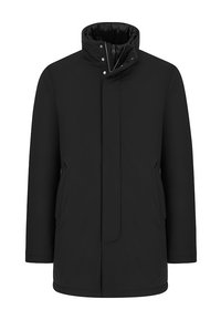 Czarny wodoodporny płaszcz z wysokim kołnierzem, napami, zamkiem błyskawicznym z przodu i kieszeniami po bokach. Gładka tekstura i prosty krój.