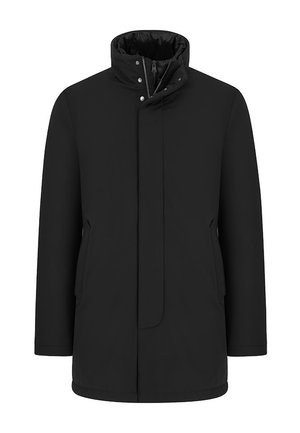 Czarny wodoodporny płaszcz z wysokim kołnierzem, napami, zamkiem błyskawicznym z przodu i kieszeniami po bokach. Gładka tekstura i prosty krój.