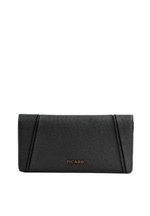 Pochette portefeuille en cuir noir texturé avec surpiqûres angulaires et logo doré "PICARD" centré sur le rabat avant.