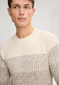 Hellbeige und taupefarbener, gerippter Strickpullover mit strukturiertem Muster, Rundhalsausschnitt und kontrastierender Farbblockgestaltung.