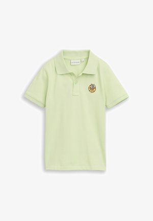 Svetlozelené krátke rukávové polo tričko s golierom, dvoma gombíkmi a malým vyšívaným kresleným basketbalom na ľavej strane hrudníka.