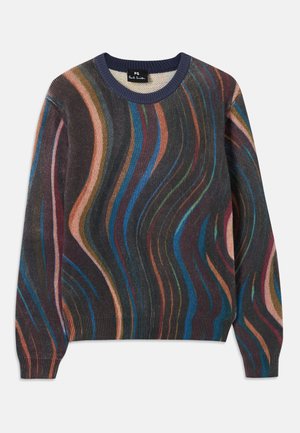 Pull en maille multicolore avec des motifs ondulés dans des nuances de marron, bleu, vert et rose ; col rond et poignets côtelés.