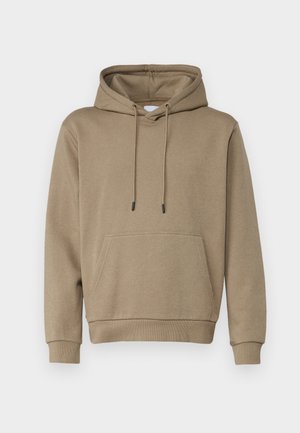 Felpa con cappuccio di colore marrone chiaro, realizzata in tessuto morbido. Presenta una tasca a marsupio sul davanti e polsini a costine. Design semplice con lacci.