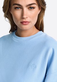 Gaiši zils džemperis ar ribotu apaļu apkakli un mazu izšūtu logotipu krūtīs. Mīksts audums, ikdienišķs dizains.