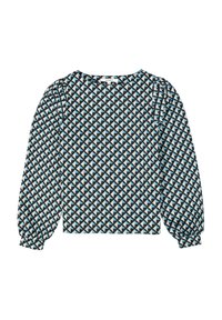 Langarmtop met een geometrisch patroon van blauwe en crèmekleurige driehoeken op een zwarte achtergrond, en geplooide mouwdetails.