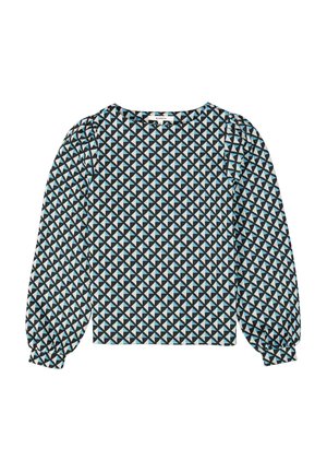 Langarmtop met een geometrisch patroon van blauwe en crèmekleurige driehoeken op een zwarte achtergrond, en geplooide mouwdetails.