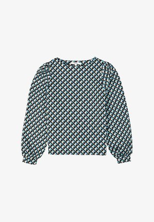 Langarmtop met een geometrisch patroon van blauwe en crèmekleurige driehoeken op een zwarte achtergrond, en geplooide mouwdetails.