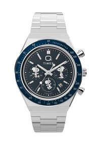 Orologio cronografo in acciaio inossidabile argento con lunetta blu scuro, quadrante grigio e illustrazioni di Snoopy sui sottodial. Presenta un display della data.