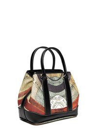 Piccola borsa con manici e rifiniture in pelle nera, caratterizzata da una stampa astratta multicolore con testo e motivi circolari.