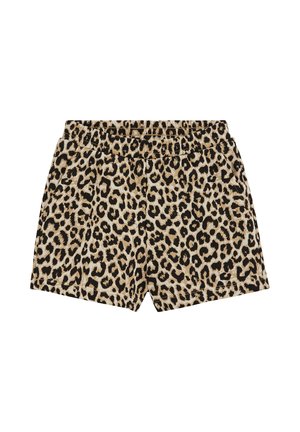 Leopardimustriga elastse vöökohaga lühikesed püksid küljetaskutega, beeži, pruuni ja musta värvi, valgel taustal lamades.