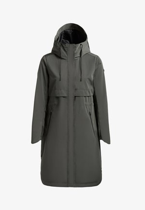 Trench lung lung de culoare gri închis, cu glugă, fermoar frontal, șnururi la glugă și buzunare laterale cu fermoar.