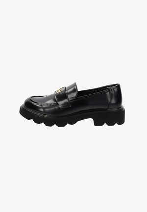 Zwarte lakleren loafers met een ronde neus, verhoogde stiksels en een chunky zwarte rubberen zool. Kenmerkt een gouden accent op de wreef.