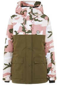 Chaqueta de camuflaje con un patrón en rosa, blanco y verde, que cuenta con capucha, cierre frontal con broches y dos grandes bolsillos delanteros. Hecha de una tela duradera.