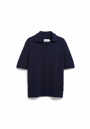 Navy blue short-sleeve knit polo shirt with open collar and ribbed edges, laid flat on a white background.