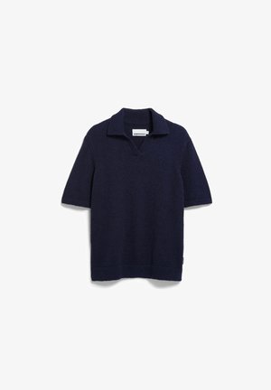 Navy blue short-sleeve knit polo shirt with open collar and ribbed edges, laid flat on a white background.