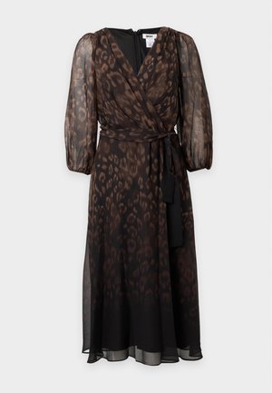 DKNY, BALLOON SLEEVE V NECK WITH A LINE CLEAN SKIRT - Φόρεμα ημέρας - choc/black