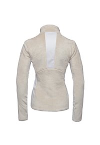 Fleecejacka i krämfärg med texturerad framsida och släta vita paneler. Har en hög krage och långa ärmar, designad för komfort.