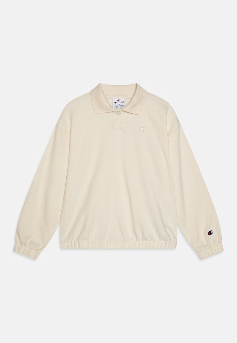 Κρέμ pullover με κολάρο, ελαστικές μανσέτες και μέση. Έχει ένα μικρό λογότυπο στο στήθος και το μανίκι. Μαλακή υφή.