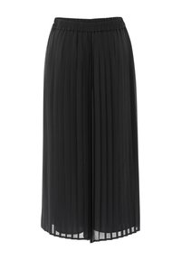 Schwarzer Faltenrock mit elastischem Bund, hergestellt aus leichtem Stoff. Verfügt über vertikale Falten bis zum Saum mit transparentem Abschluss.