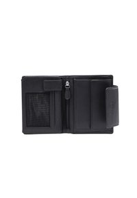 Portefeuille en cuir noir, conception pliable, avec une fenêtre pour pièce d'identité transparente, une poche zippée et plusieurs emplacements pour cartes, avec une texture lisse.