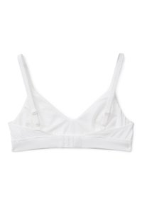 Bílá měkká podprsenka s nastavitelnými ramínky a zapínáním na háček a oko vzadu, s vyraženým textem "United Colors of Benetton" na ramínkách.