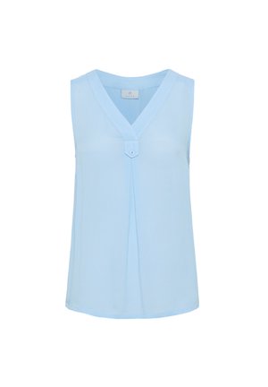 Hele sinine ilma varrukat blouse, millel on V-kaelus, esine voldiga ja nööbi aktsent. Valmistatud mugavast kangast, mis on vabalt rippuv.