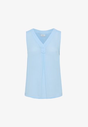 Világoskék, ujjatlan blúz, V-kivágással, elől ránccal és gombdíszítéssel. Simább anyagból készült, laza fazonnal.
