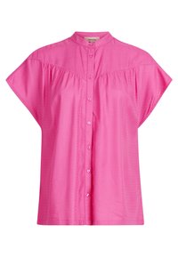 Blouse boutonnée à manches courtes de couleur rose vif avec un motif subtil, col mandarin et un détail froncé à l'empiècement.