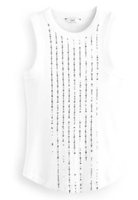 Haut sans manches blanc présentant des lignes verticales de petits sequins argentés, encolure ronde et tissu texturé. Finition lisse avec une coupe ajustée.