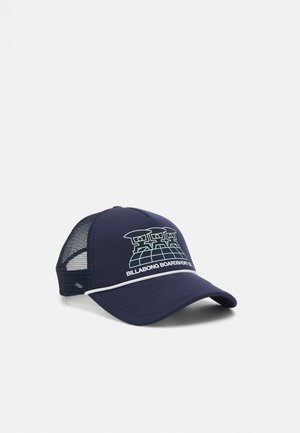 Navy blue mesh-back cap with a curved brim, featuring a graphic logo in light blue and the text "BILLABONG BOARDSHORTS CO." on the front.