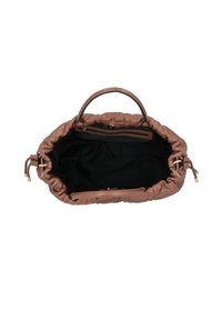 Borsa a tracolla trapuntata marrone con dettagli in oro, cima arricciata, impugnatura singola e interno nero con una tasca con zip.