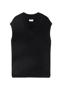 Gilet senza maniche nero realizzato in tessuto a costine, con scollatura a V profonda e dettagli strutturati su tutta la superficie.