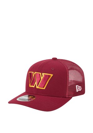 kastanienbrauner Snapback-Cap mit Netzrücken, versehen mit einem gestickten gelben "W"-Logo. Flaches Schirm und Lüftungsösen. Marke New Era.