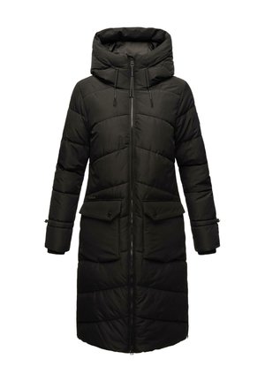 Lang svart pufferjakke med hette, med horisontalt quiltet design, to frontlommer og justerbare snorer ved halsen og mansjettene.