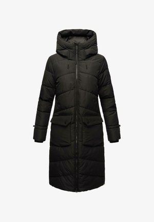 Lang svart pufferjakke med hette, med horisontalt quiltet design, to frontlommer og justerbare snorer ved halsen og mansjettene.