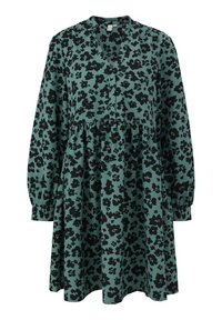 Robe longue à manches longues verte avec imprimé floral noir, col en V, trois boutons à l'avant, taille froncée et manches avec poignets.