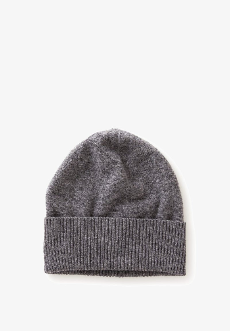 Gray knit beanie with a ribbed cuff, soft texture, and a rounded top. The fabric appears warm and flexible, suitable for cold weather.