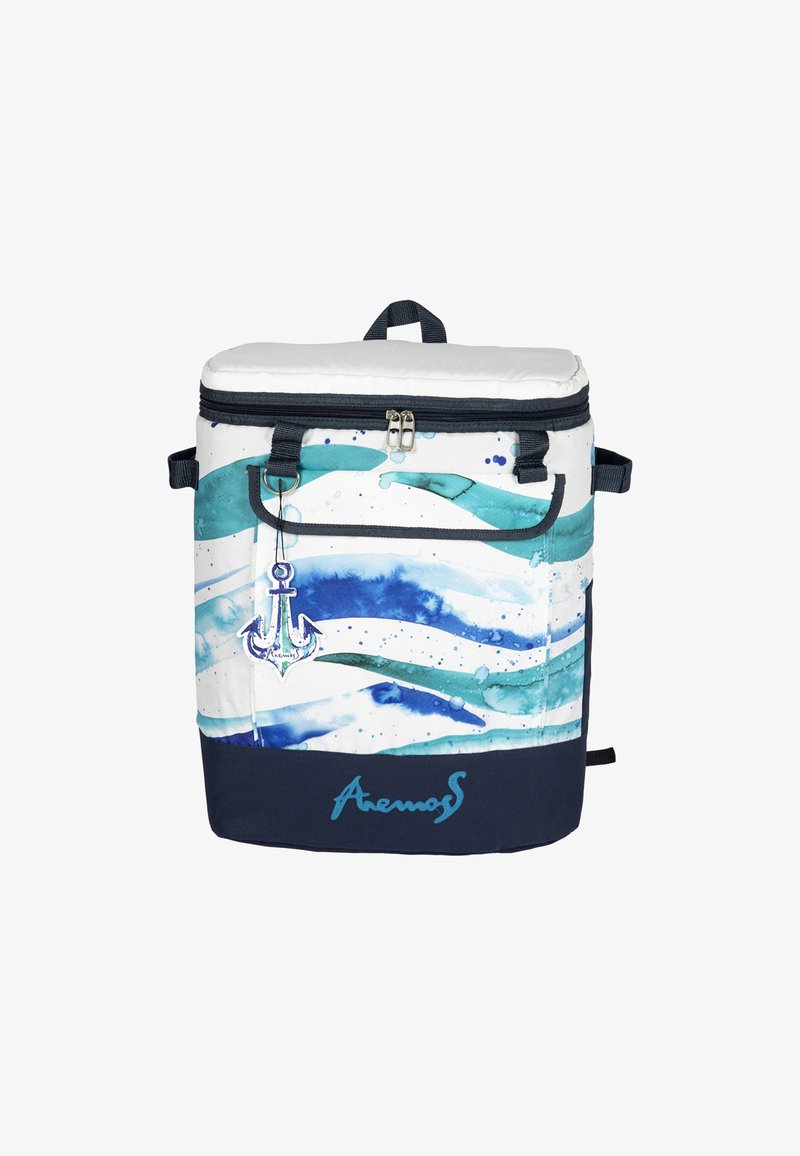 Insulated cooler bag with a white body featuring blue and teal wave patterns, a zippered top, and a navy blue bottom with logo.
