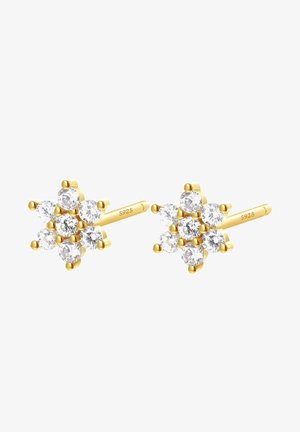 Pendientes de presión en tono dorado con diseño de copo de nieve, adornados con múltiples cristales transparentes. El vástago está marcado como "S925" por su contenido en plata.